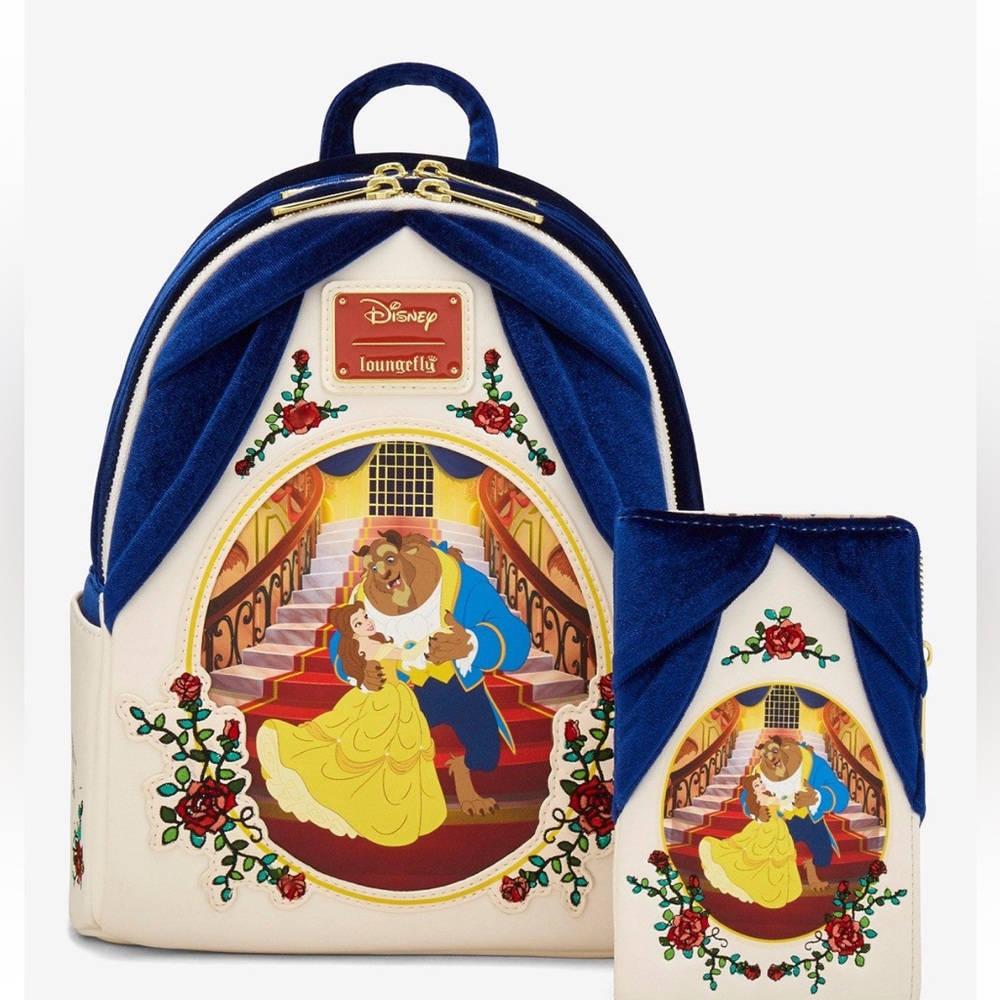 Loungefly Disney NWT Beauty and the Beast Belle & Beast Velvet backpack w/wallet